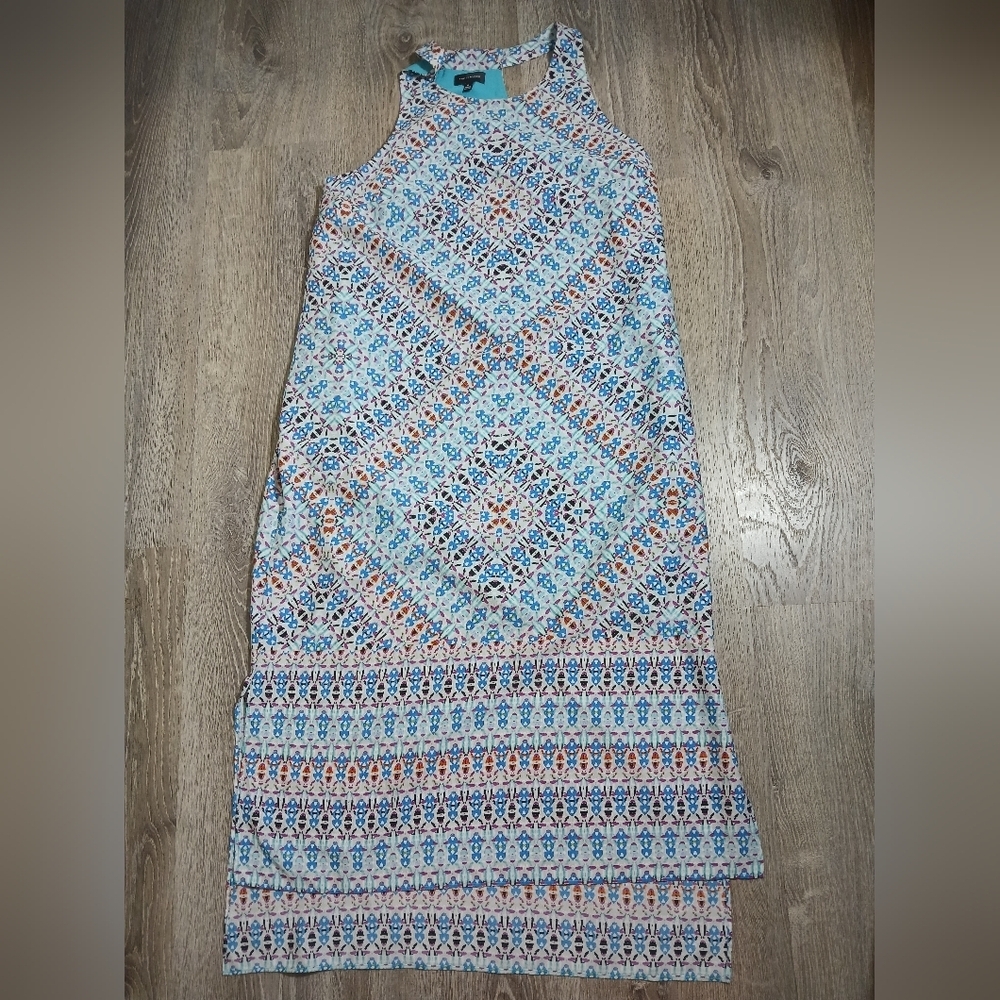 The Limited Halter Dress In Blue and Orange Patterned Geometric. Size Medium